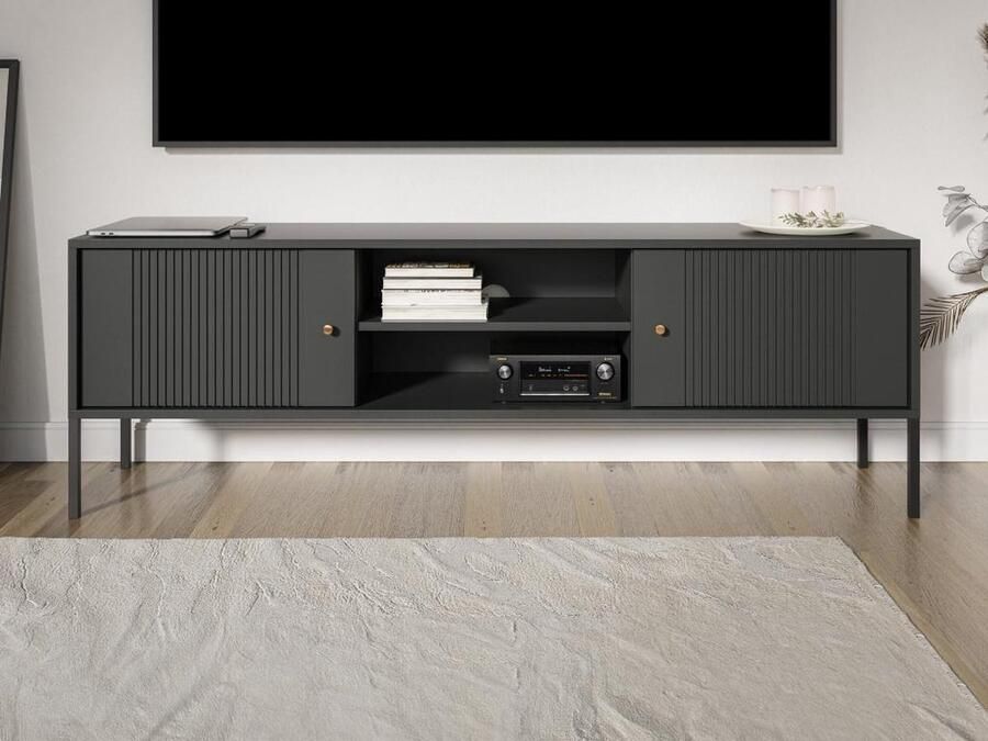 Vente-unique Hangend tv-meubel met 2 deuren en 2 nissen van mdf Zwart DEMASIA L 154.5 cm x H 50.5 cm x D 39 cm - Foto 2