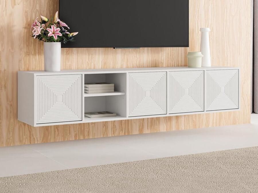 Vente-unique Hangend tv-meubel met 4 deuren en 2 nissen van mdf Wit MEZULIA L 199.8 cm x H 47 cm x D 40 cm - Foto 2