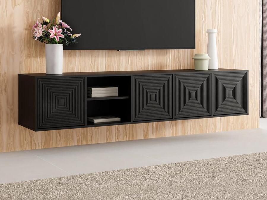 Vente-unique Hangend tv-meubel met 4 deuren en 2 nissen van mdf Zwart MEZULIA L 199.8 cm x H 47 cm x D 40 cm