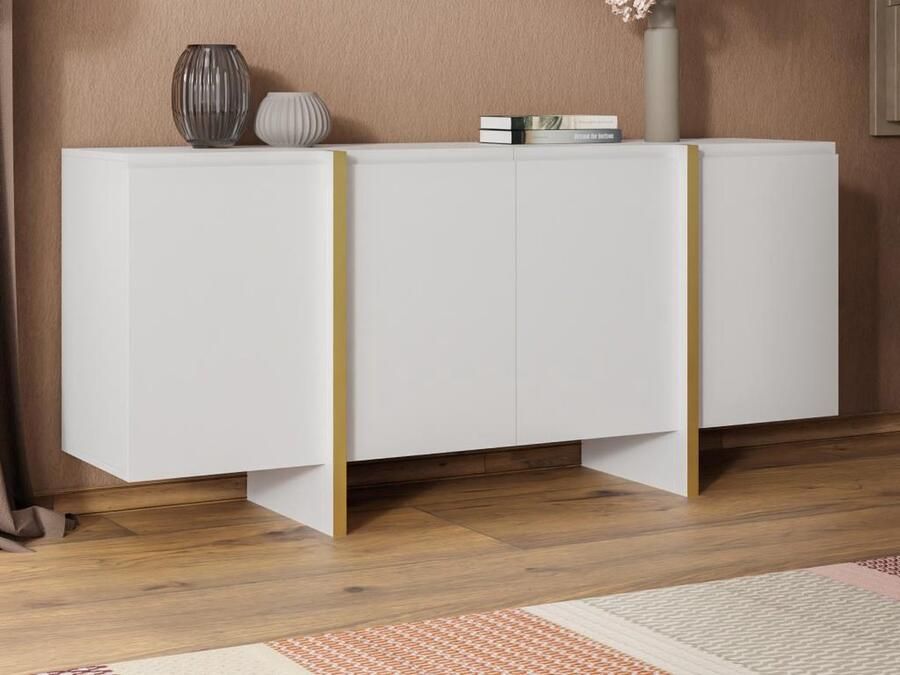 Vente-unique Hangend tv-meubel met 4 deuren van mdf Wit en goudkleurig LUVONIA L 180 cm x H 81 cm x D 45 cm