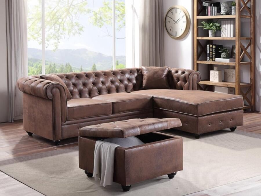 Vente-unique Hoekbank chesterfield omkeerbaar TOLEDO van microvezel met verouderd effect Bruin L 228 cm x H 72 cm x D 163 cm - Foto 2
