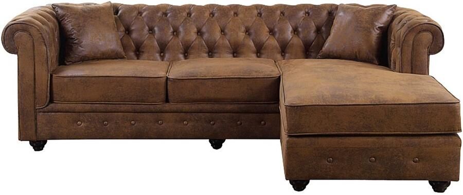 Vente-unique Hoekbank chesterfield omkeerbaar TOLEDO van microvezel met verouderd effect Bruin L 228 cm x H 72 cm x D 163 cm - Foto 4