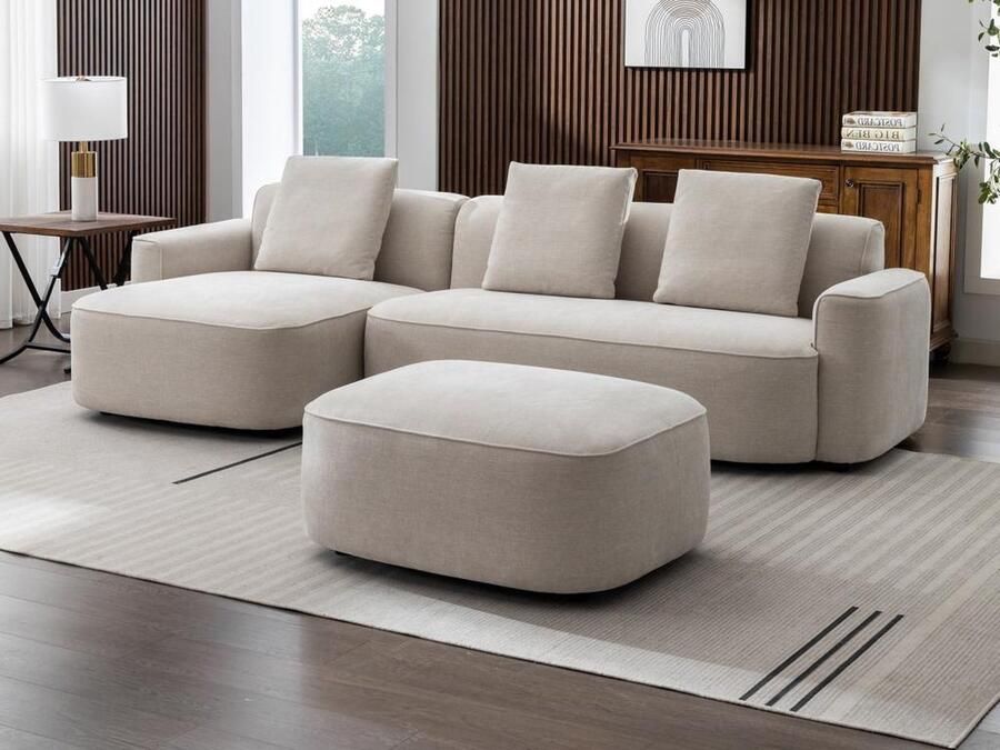 Vente-unique Hoekbank met hoek links en poef van beige stof met textuur POMIANGO L 299 cm x H 86 cm x D 144 cm