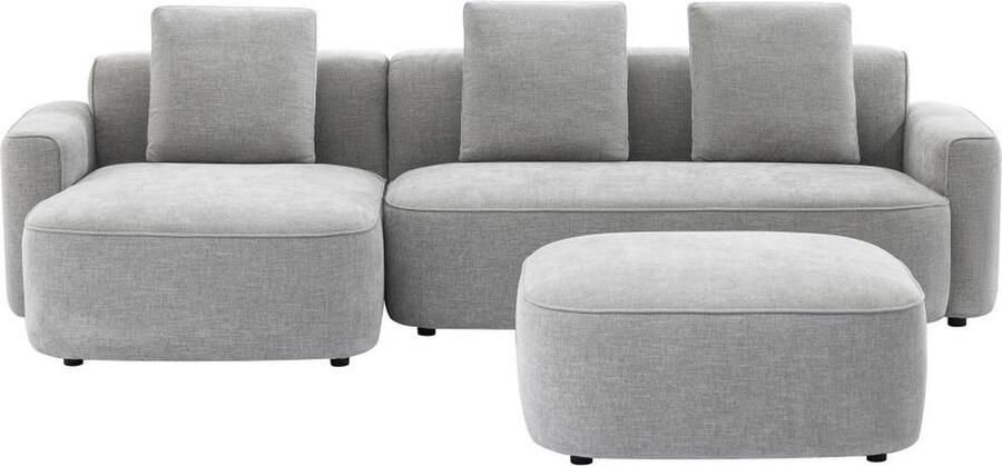 Vente-unique Hoekbank met hoek links en poef van grijze stof met textuur POMIANGO L 299 cm x H 86 cm x D 144 cm