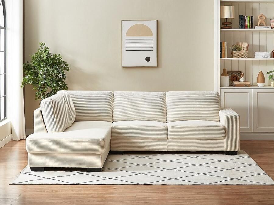 Vente-unique Hoekbank met hoek links in ribfluwelen stof kleur beige MESETA - Foto 2
