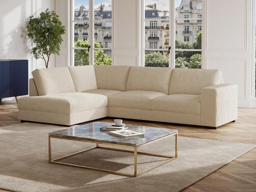 Vente-unique Hoekbank met hoek links van beige ribfluweel MESETA L 285 cm x H 85 cm x D 205 cm
