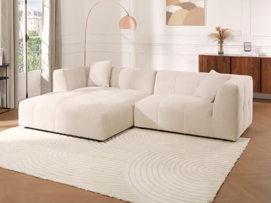 Vente-unique Hoekbank met hoek links van beige ribfluweel NAEMIA van Maison Céphy L 272 cm x H 70 cm x D 161 cm