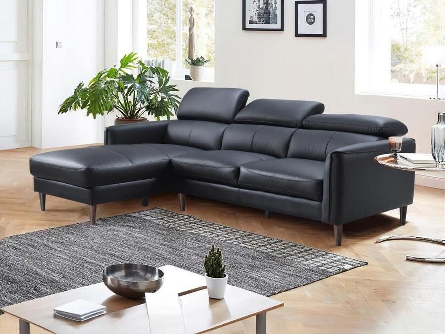 Vente-unique Hoekbank met hoek links van zwart buffelleer SALVI L 248 cm x H 77 cm x D 179 cm