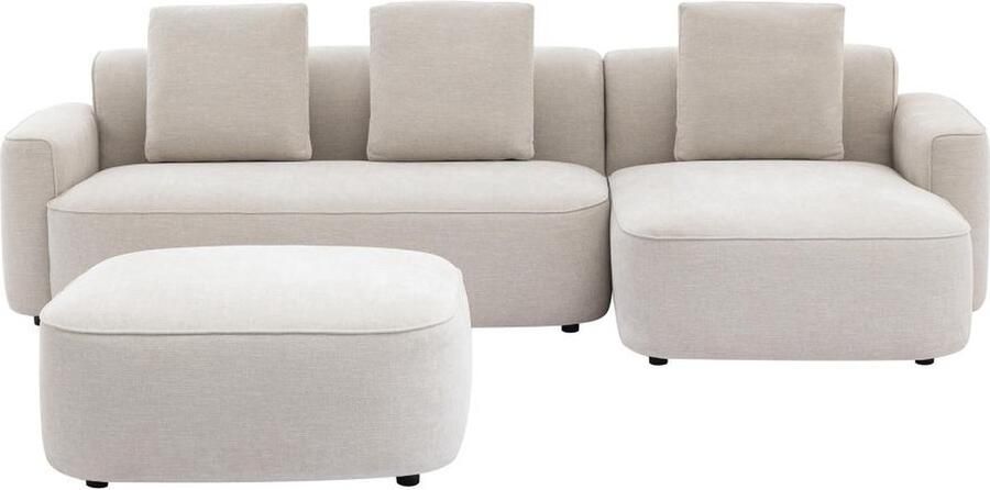 Vente-unique Hoekbank met hoek rechts en poef van beige stof met textuur POMIANGO L 299 cm x H 86 cm x D 144 cm