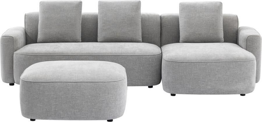 Vente-unique Hoekbank met hoek rechts en poef van grijze stof met textuur POMIANGO L 299 cm x H 86 cm x D 144 cm