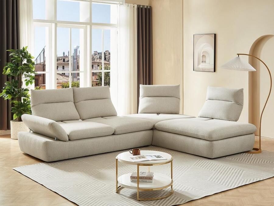 Vente-unique Hoekbank met hoek rechts met schuivende rugleuning van beige gechineerde stof FONDRIANO L 306 cm x H 97 cm x D 237 cm