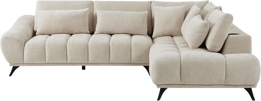 Vente-unique Hoekbank met hoek rechts met verstelbare rugleuning in getextureerde beige velours stof MAVIRO