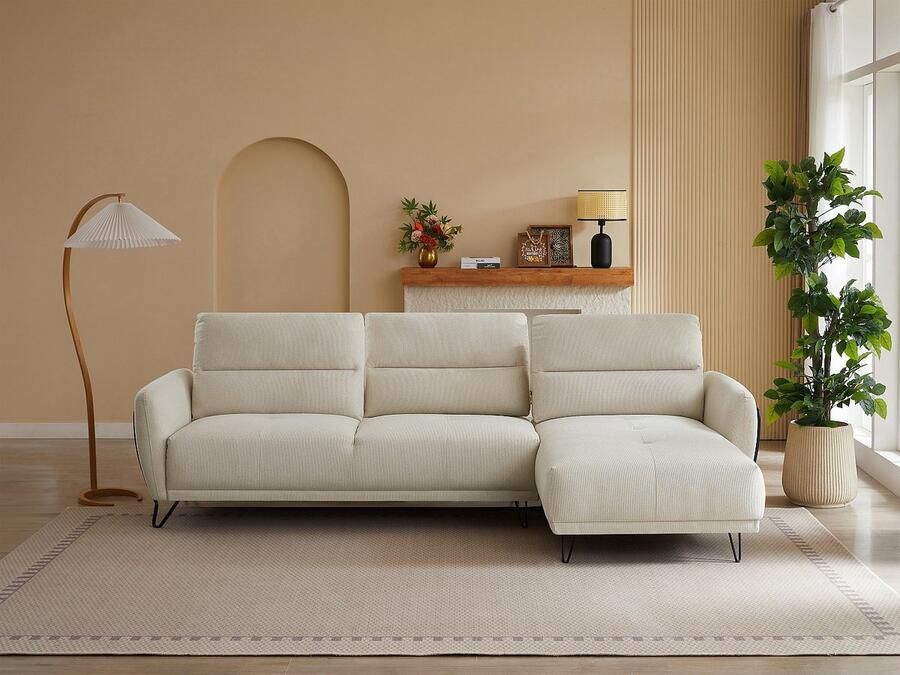 Vente-unique Hoekbank met hoek rechts van beige stof met textuur en kantelende rugleuning DURIMA - Foto 3
