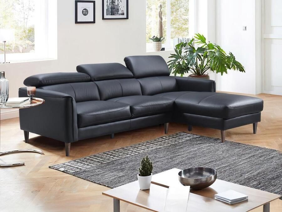 Vente-unique Hoekbank met hoek rechts van zwart buffelleer SALVI L 248 cm x H 77 cm x D 179 cm