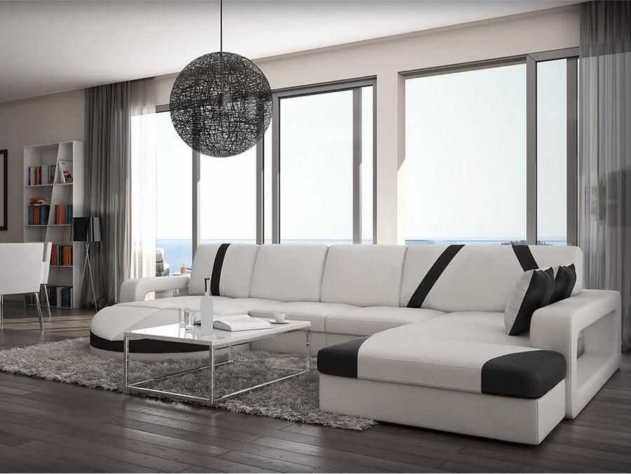 Vente-unique Hoekbank van kunstleer MINTIKA wit met zwarte randen L 337 cm x H 80 cm x D 211 cm