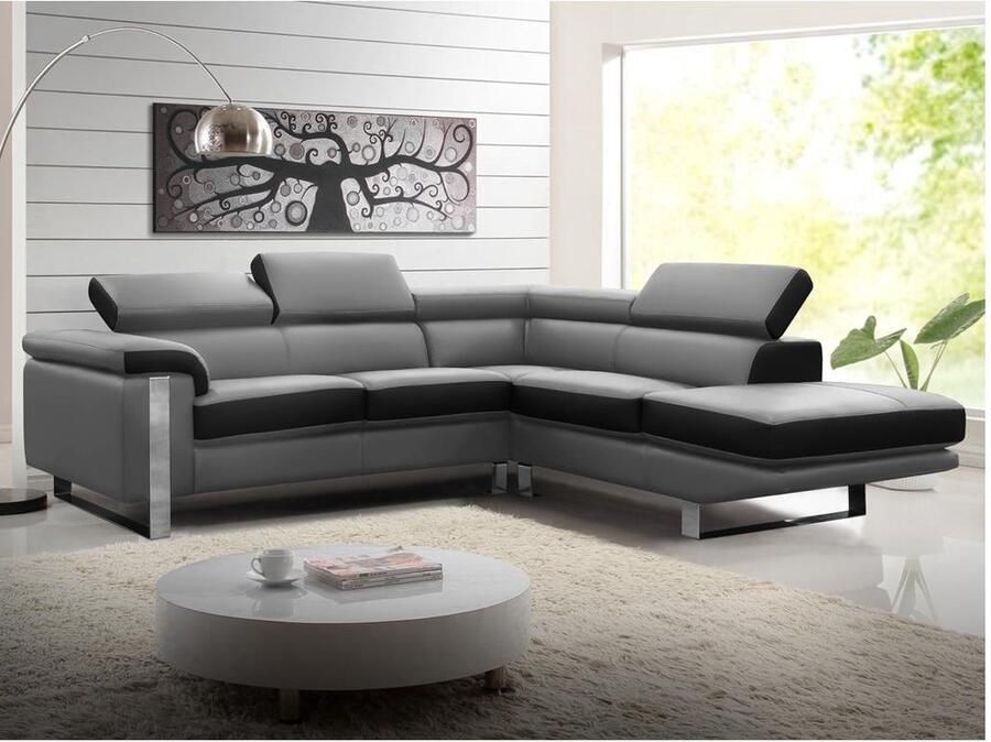 Vente-unique Hoekbank van leer MYSTIQUE Tweekleurig zwart en grijs Hoek rechts L 253 cm x H 87 cm x D 213 cm