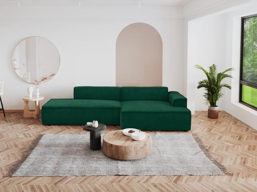 Vente-unique Hoekbank van ribfluweel – Rechtse hoek – Dennengroen – NEPIRI L 300 cm x H 70 cm x D 155 cm