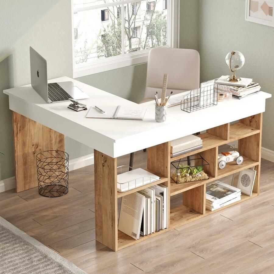 Vente-unique Hoekbureau met opbergruimte Wit en naturel LILEUL L 129 cm x H 72 cm x D 120 cm - Foto 2