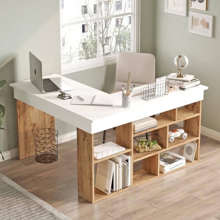 Vente-unique Hoekbureau met opbergruimte Wit en naturel LILEUL L 129 cm x H 72 cm x D 120 cm - Foto 3