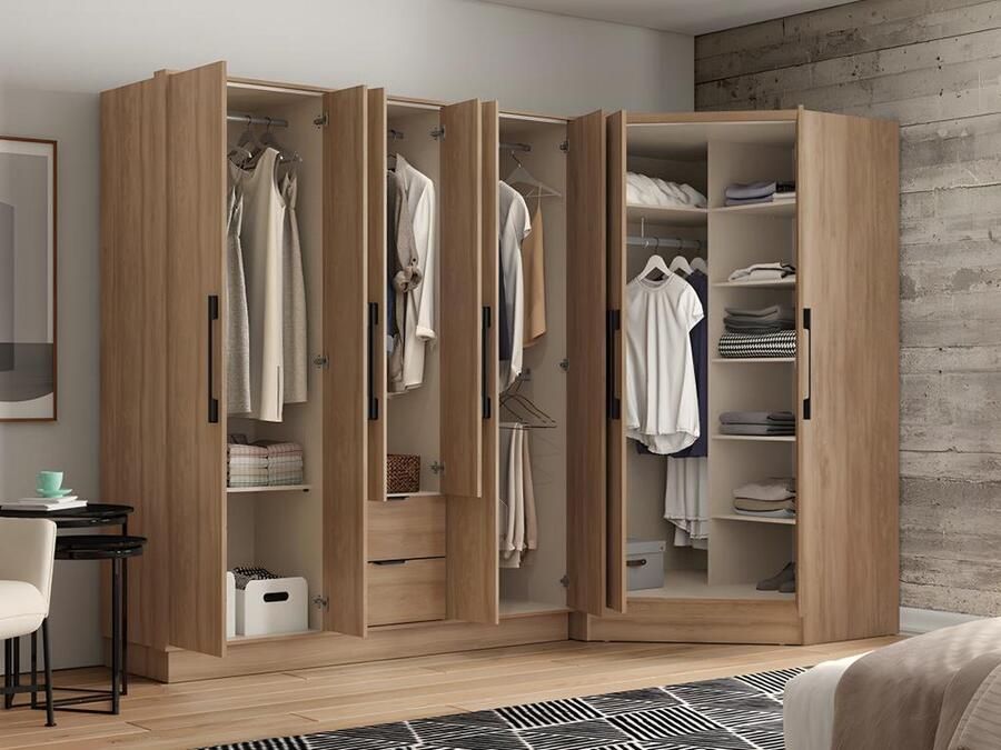 Vente-unique Hoekkast met 8 deuren en 2 lades L263 cm houtlook FEOVA L 263.5 cm x H 182 cm x D 101.5 cm