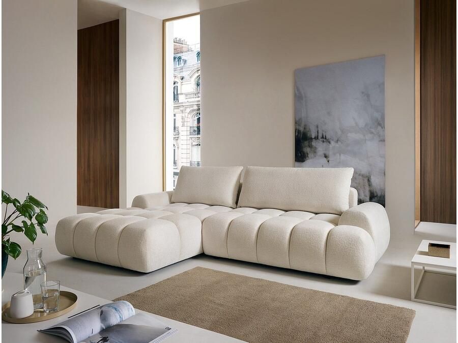 Vente-unique Hoekslaapbank met hoek links in beige chenille stof FARNETA - Foto 3