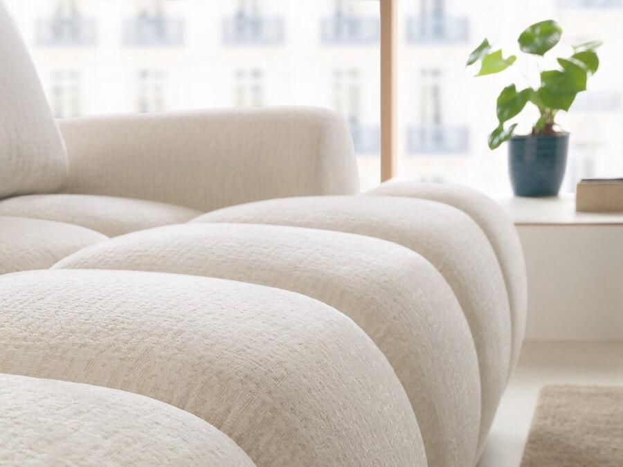 Vente-unique Hoekslaapbank met hoek links in beige chenille stof FARNETA - Foto 4