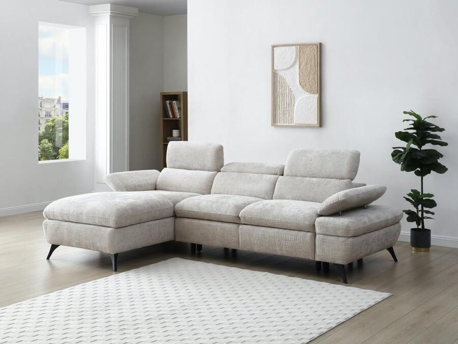 Vente-unique Hoekslaapbank met hoek links van beige stof met textuur met opbergruimte MORAVA L 284 cm x H 80 cm x D 176 cm