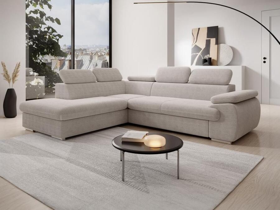 Vente-unique Hoekslaapbank met hoek links van beige ribfluweel FABIEN L 271 cm x H 76 cm x D 221 cm - Foto 2
