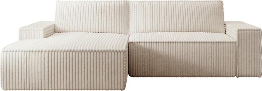 Vente-unique Hoekslaapbank met hoek links van beige ribfluweel met brede ribbels AMELIA L 267 cm x H 85 cm x D 167 cm