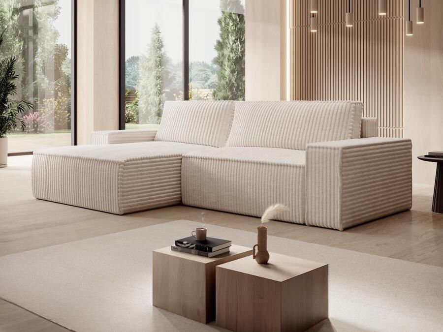 Vente-unique Hoekslaapbank met hoek links van beige ribfluweel met brede ribbels AMELIA L 267 cm x H 85 cm x D 167 cm - Foto 2
