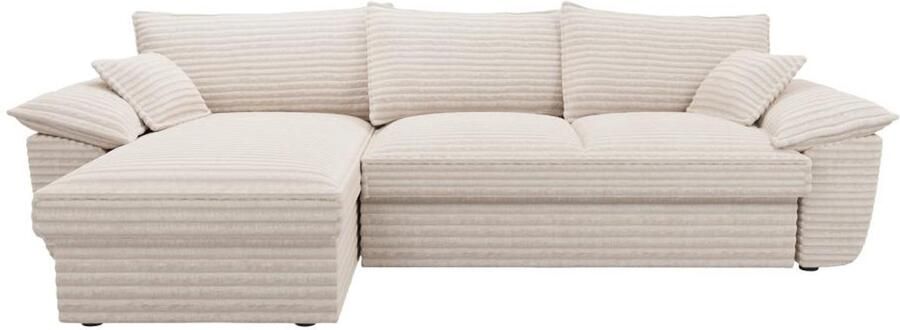 Vente-unique Hoekslaapbank met hoek links van beige ribfluweel met brede ribbels GUILLERMO