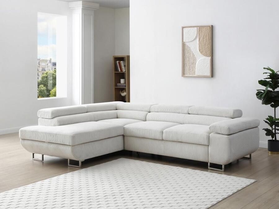 Vente-unique Hoekslaapbank met hoek links van beige ribfluweel NURAZIO L 268 cm x H 70 cm x D 202 cm - Foto 2