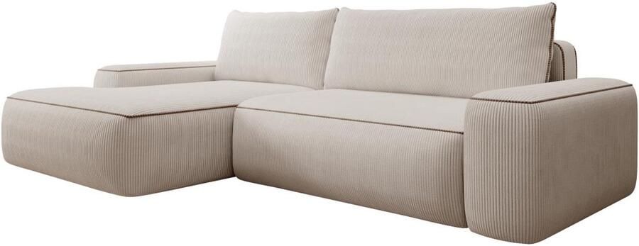 Vente-unique Hoekslaapbank met hoek links van beige ribfluweel ZOMELA L 264 cm x H 87 cm x D 162 cm