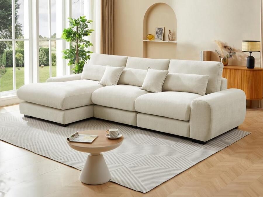 Vente-unique Hoekslaapbank met hoek links van beige stof met textuur CATEMBO. L 320 cm x H 92 cm x D 172 cm