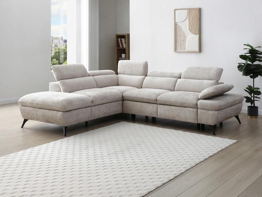 Vente-unique Hoekslaapbank met hoek links van beige stof met textuur SURDELI L 280 cm x H 79 cm x D 233 cm - Foto 2