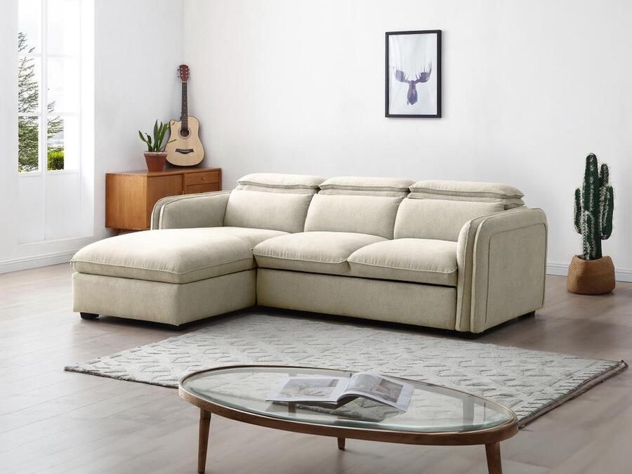 Vente-unique Hoekslaapbank met hoek links van beige stof ORELANA L 240 cm x H 80 cm x D 171 cm