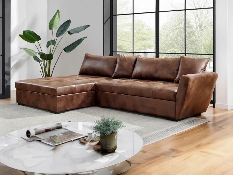 Vente-unique Hoekslaapbank met hoek links van bruin verouderd microvezel ROMANE II L 274 cm x H 85 cm x D 168 cm - Foto 2