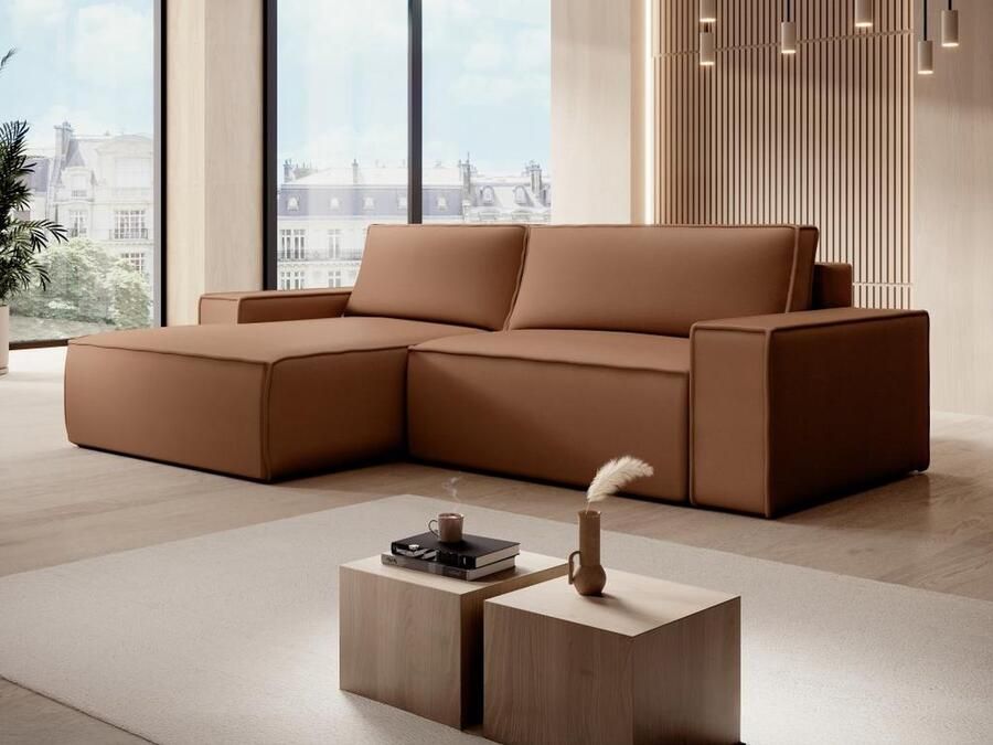 Vente-unique Hoekslaapbank met hoek links van bruine stof met leereffect AMELIA L 267 cm x H 85 cm x D 167 cm