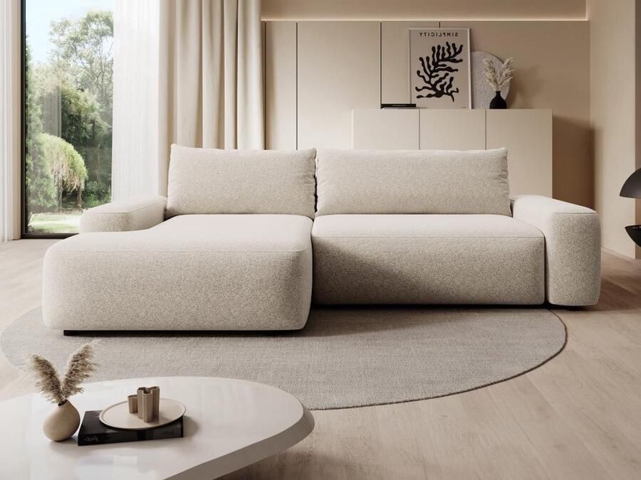 Vente-unique Hoekslaapbank met hoek links van crèmewitte stof met textuur DAVISO L 264 cm x H 87 cm x D 162 cm - Foto 2