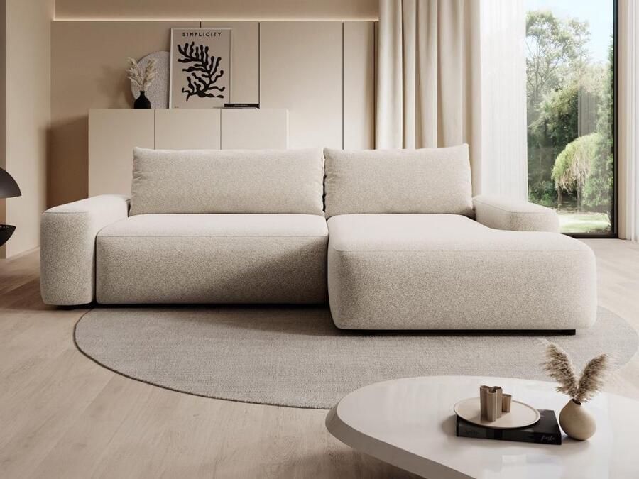 Vente-unique Hoekslaapbank met hoek links van crèmewitte stof met textuur DAVISO L 264 cm x H 87 cm x D 162 cm - Foto 3