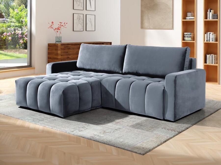 Vente-unique Hoekslaapbank met hoek links van grijs velours ESILIA II L 288 cm x H 95 cm x D 180 cm