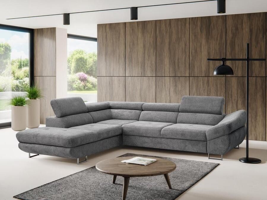 Vente-unique Hoekslaapbank met hoek links van grijze stof met textuur DALIAS L 280 cm x H 69 cm x D 235 cm