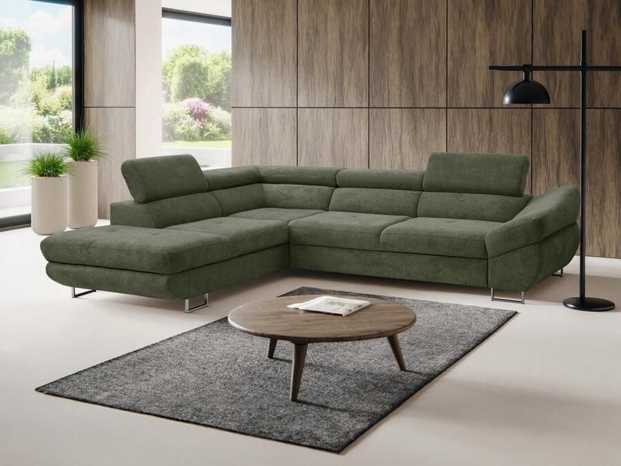 Vente-unique Hoekslaapbank met hoek links van groene stof met textuur DALIAS L 280 cm x H 69 cm x D 235 cm