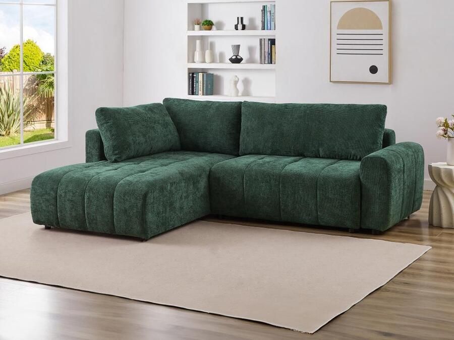 Vente-unique Hoekslaapbank met hoek links van groene stof met textuur RICIA L 259 cm x H 96 cm x D 195 cm