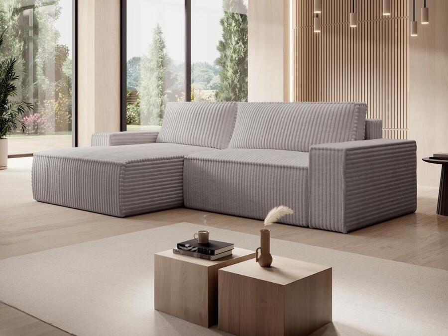 Vente-unique Hoekslaapbank met hoek links van lichtgrijs ribfluweel met brede ribbels AMELIA L 267 cm x H 85 cm x D 167 cm - Foto 2