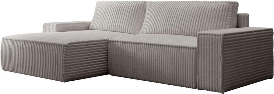 Vente-unique Hoekslaapbank met hoek links van lichtgrijs ribfluweel met brede ribbels AMELIA L 267 cm x H 85 cm x D 167 cm