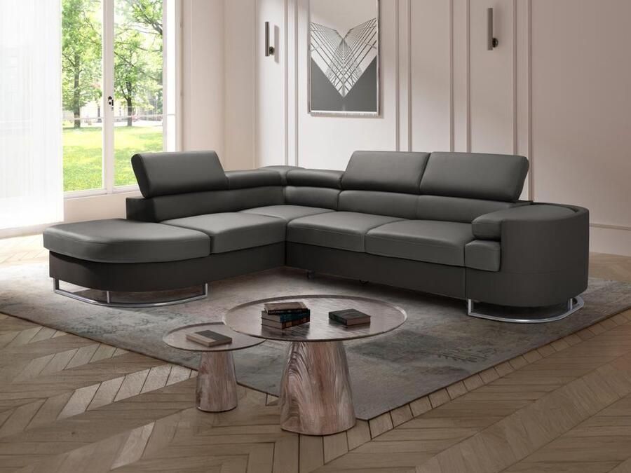 Vente-unique Hoekslaapbank met hoek links van stof en kunstleer grijs en antraciet MYSEN II L 276 cm x H 72 cm x D 220 cm - Foto 2