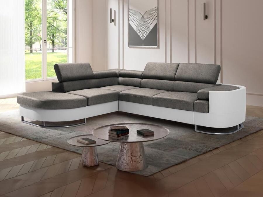 Vente-unique Hoekslaapbank met hoek links van wit en grijs kunstleer MYSEN II L 276 cm x H 72 cm x D 220 cm