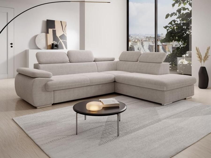 Vente-unique Hoekslaapbank met hoek rechts van beige ribfluweel FABIEN L 271 cm x H 76 cm x D 221 cm - Foto 2