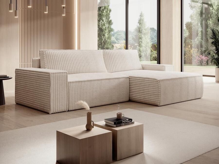Vente-unique Hoekslaapbank met hoek rechts van beige ribfluweel met brede ribbels AMELIA L 267 cm x H 85 cm x D 167 cm - Foto 2